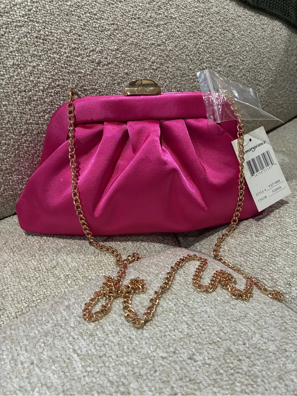 Hot Pink Satin Pleated Chain Clutch